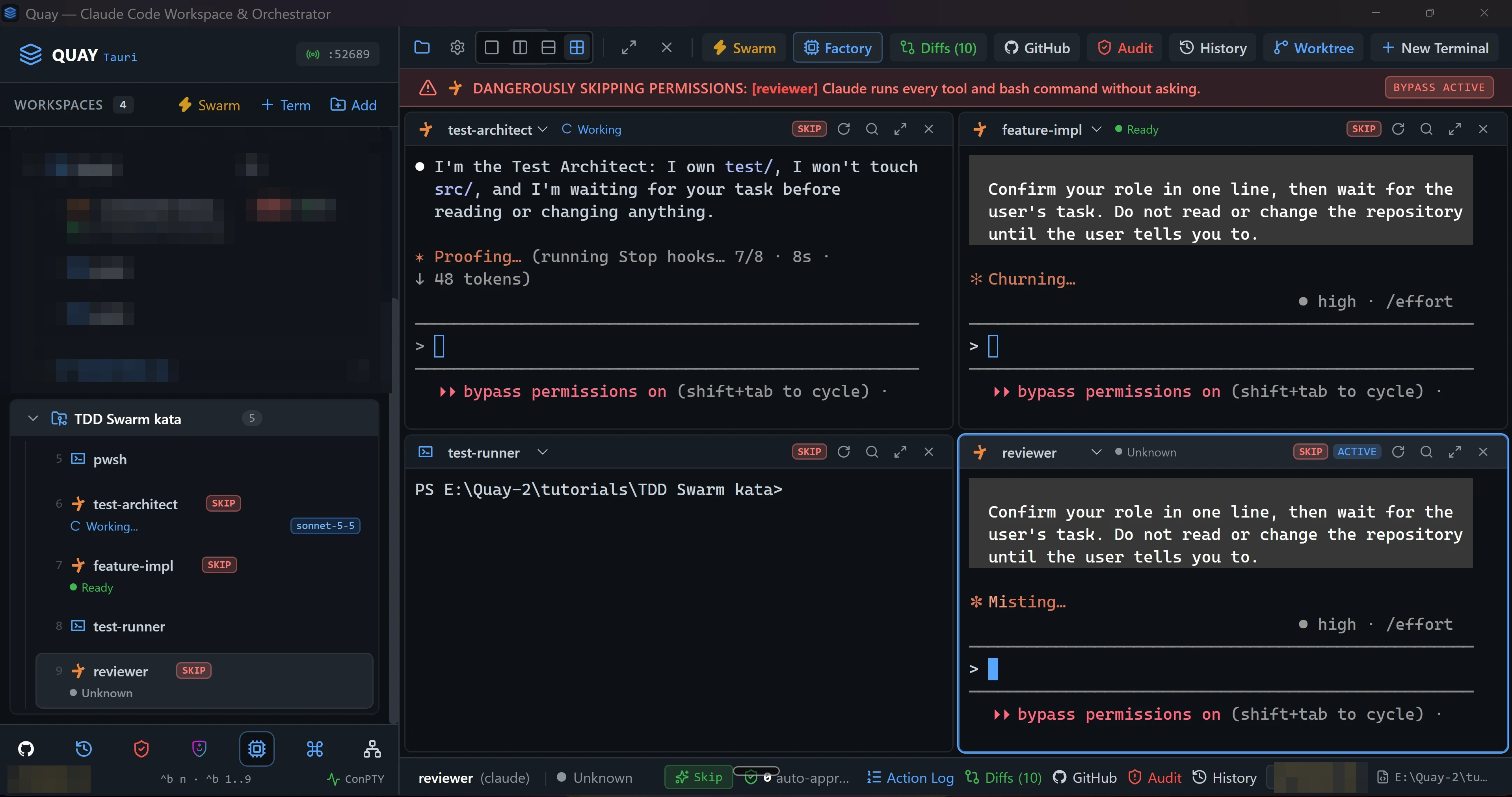The launcher closes and four panes open in a 2x2 grid: test-architect top left, feature-impl top right, test-runner bottom left at a PowerShell prompt, and reviewer bottom right. test-architect has confirmed its role in one line, feature-impl and reviewer are still starting, and a red banner across the top of the stage names reviewer.