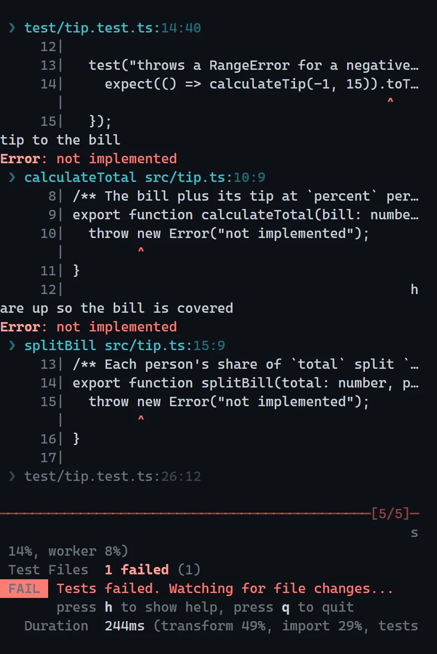 build-watcher: Vitest in watch mode lists the five tests, all failing in red, then waits for file changes.