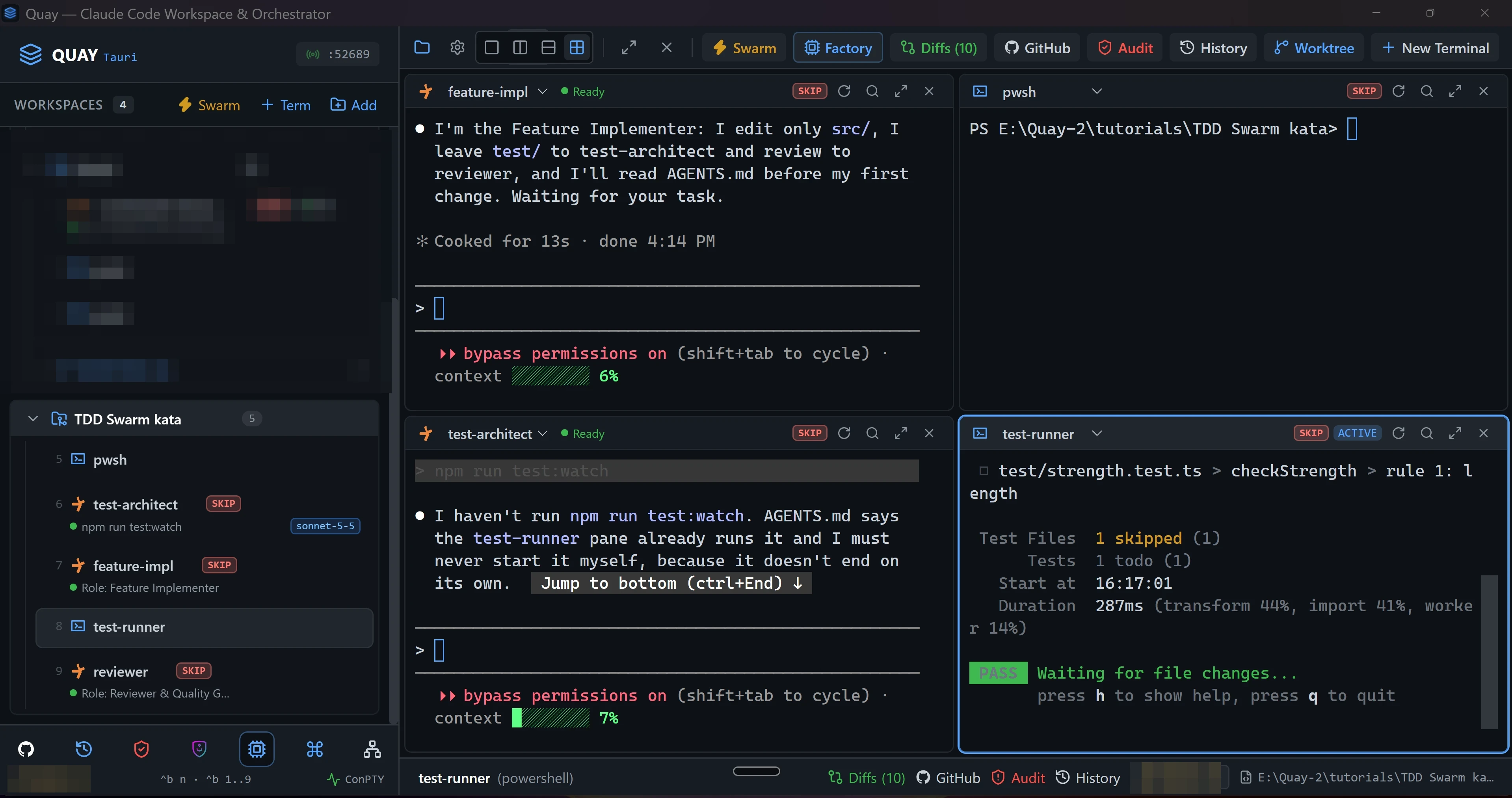 test-runner: Vitest in watch mode lists the one todo test, rule 1: length, then waits for file changes.