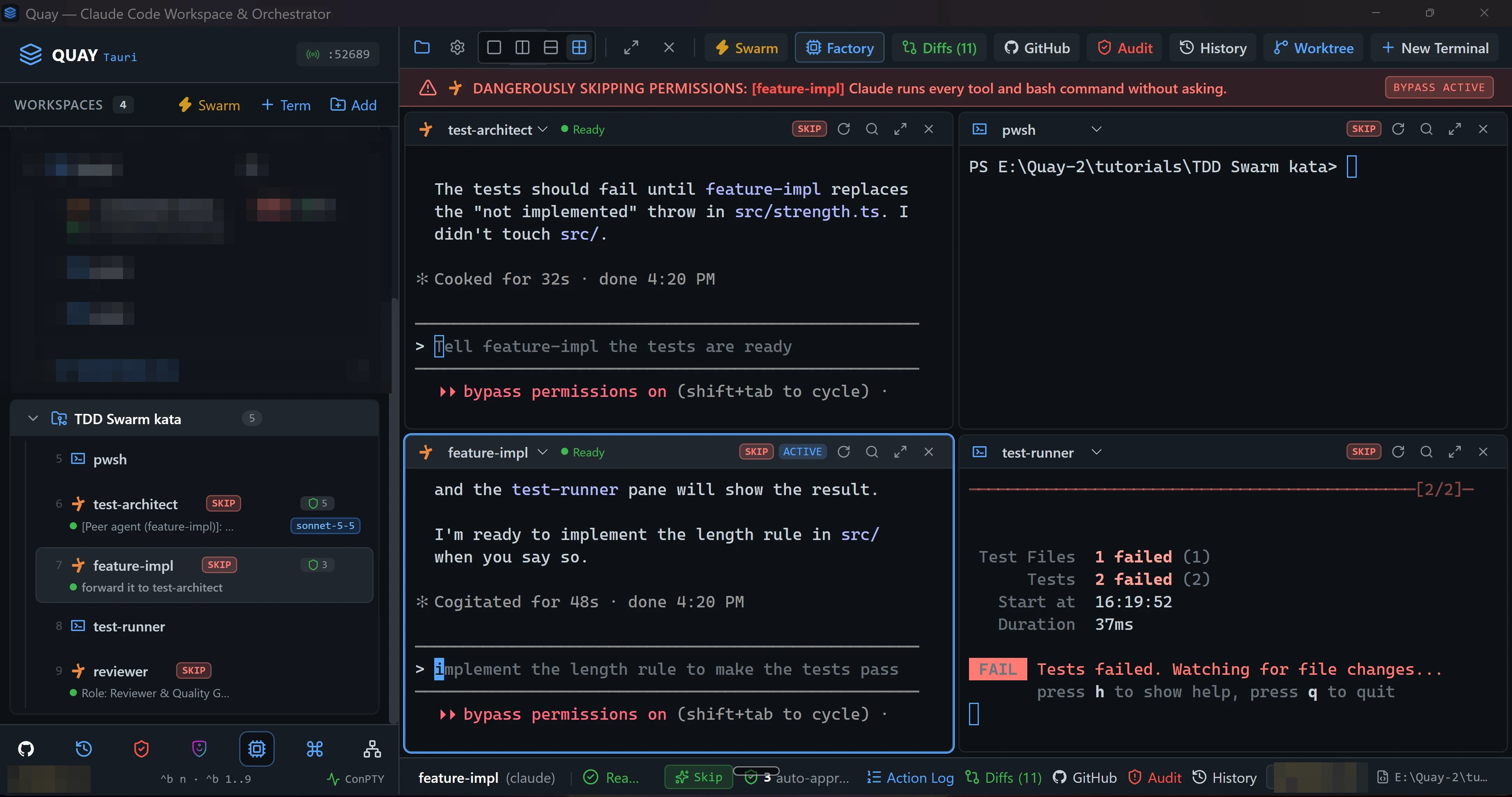 test-architect says the tests should fail until feature-impl replaces the "not implemented" throw in src/strength.ts, and that it didn't touch src/. test-runner has re-run on its own and shows both tests failing.