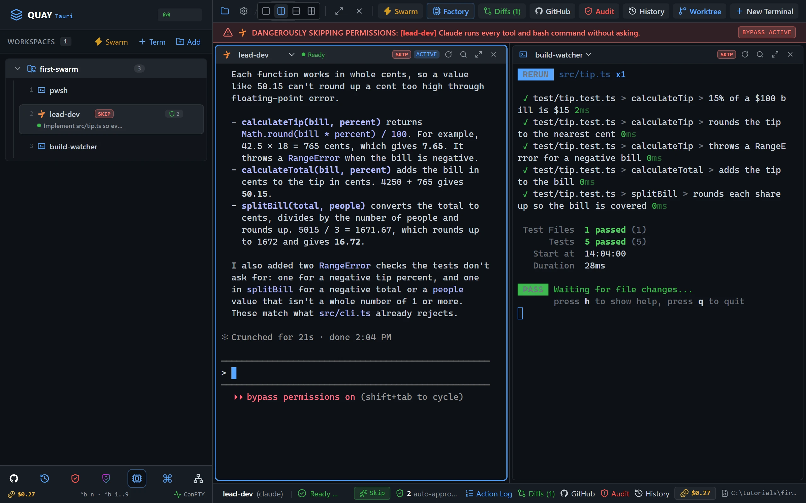lead-dev says it believes the tests pass, and build-watcher beside it shows all five tests passing in green.