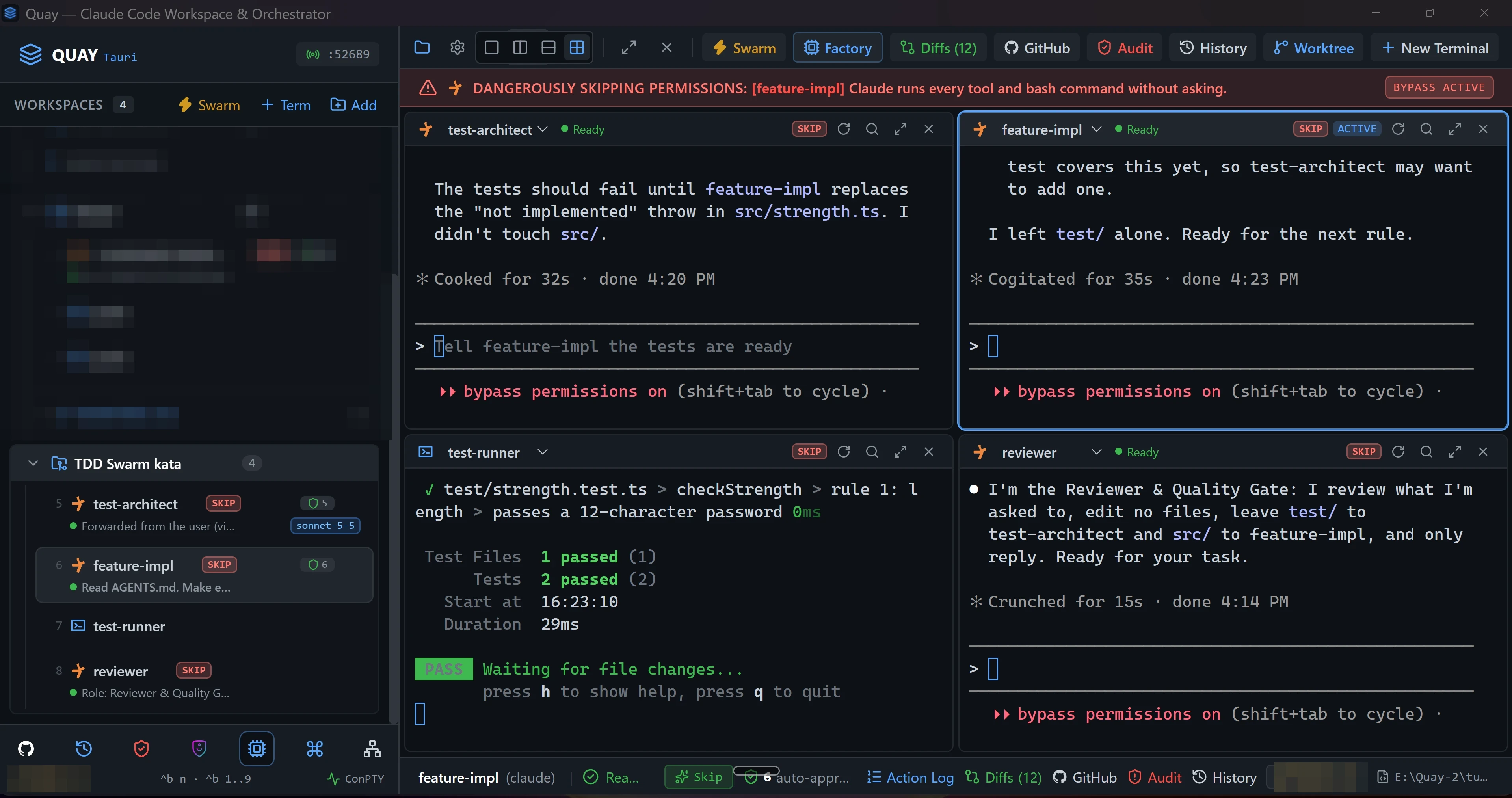 feature-impl says it left test/ alone and is ready for the next rule, and test-runner has turned green: both tests pass and none fails.