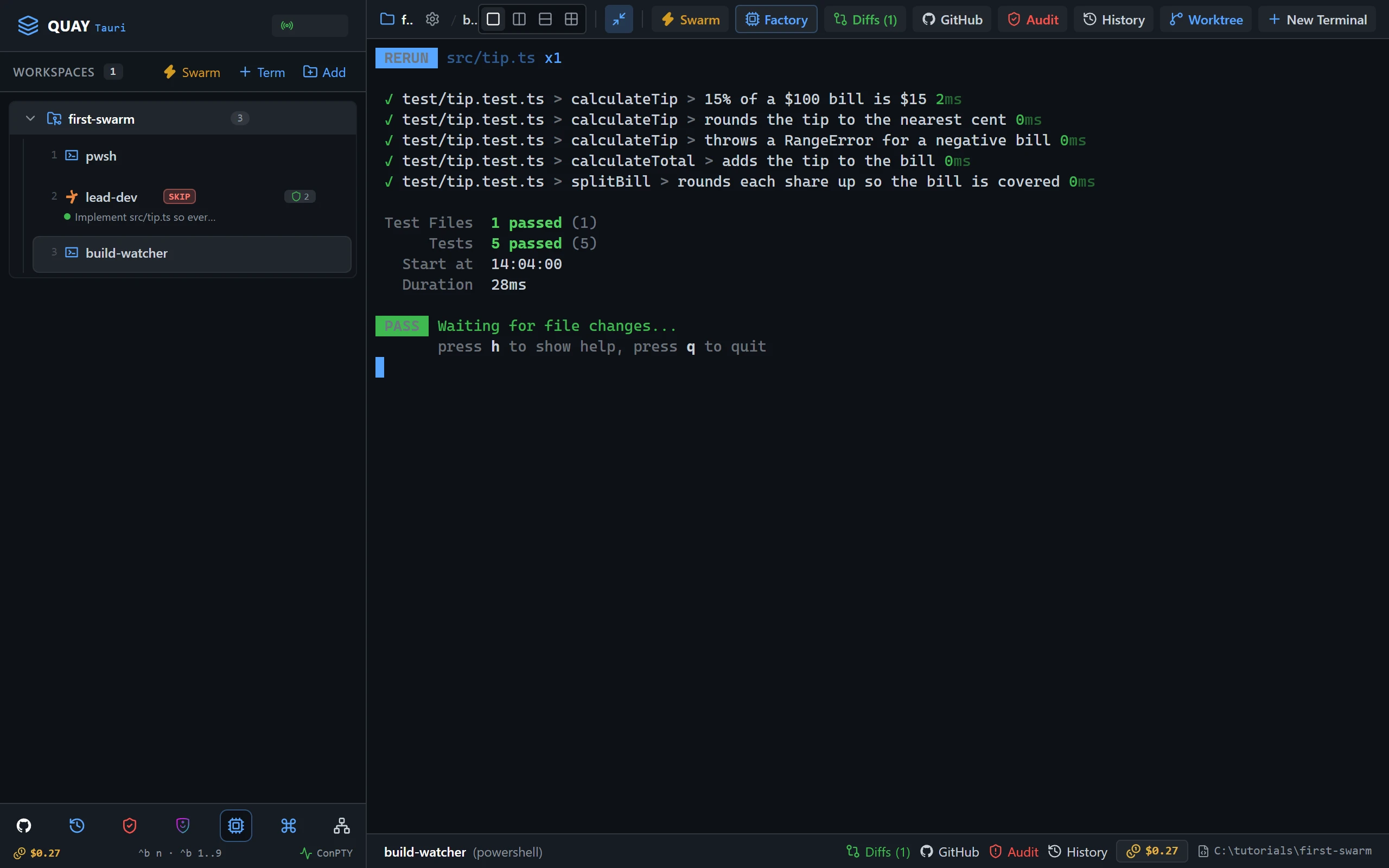 build-watcher fills the whole stage, listing the five tests, each with a green tick.