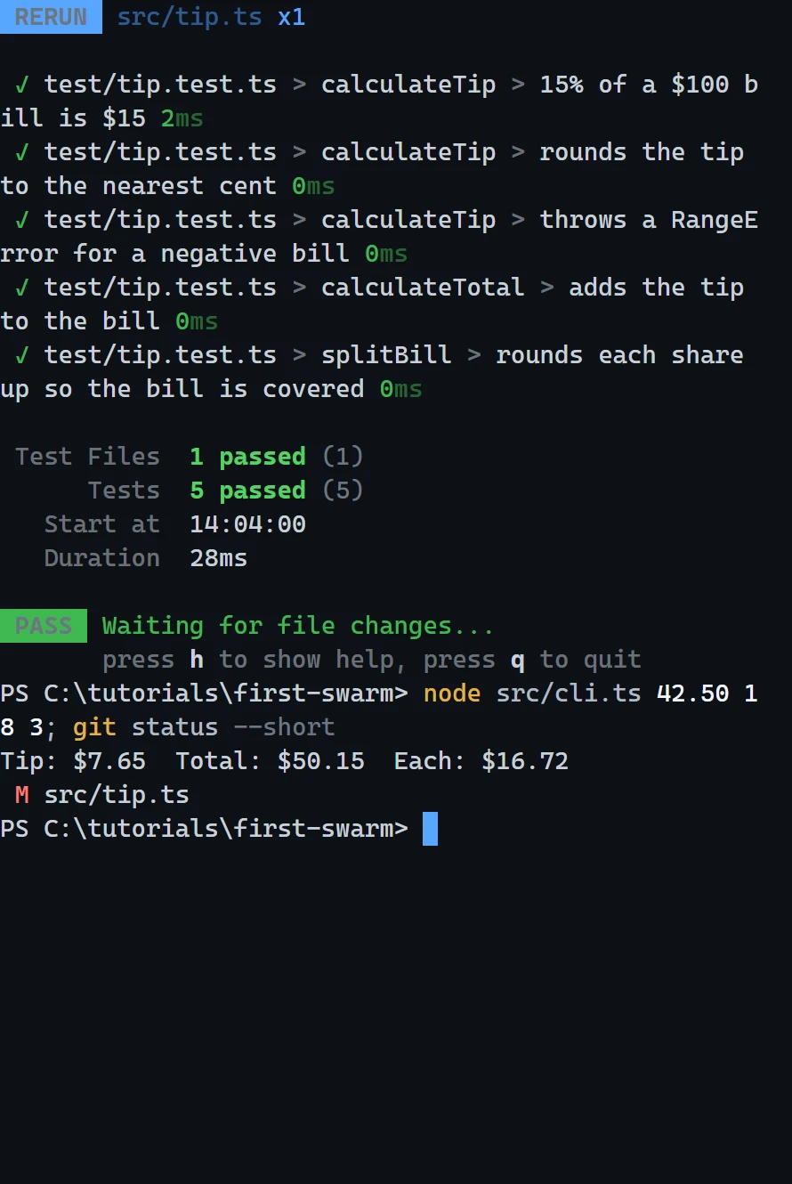 build-watcher: the CLI prints the tip, the total and each person's share, and git status lists src/tip.ts as the one modified file.