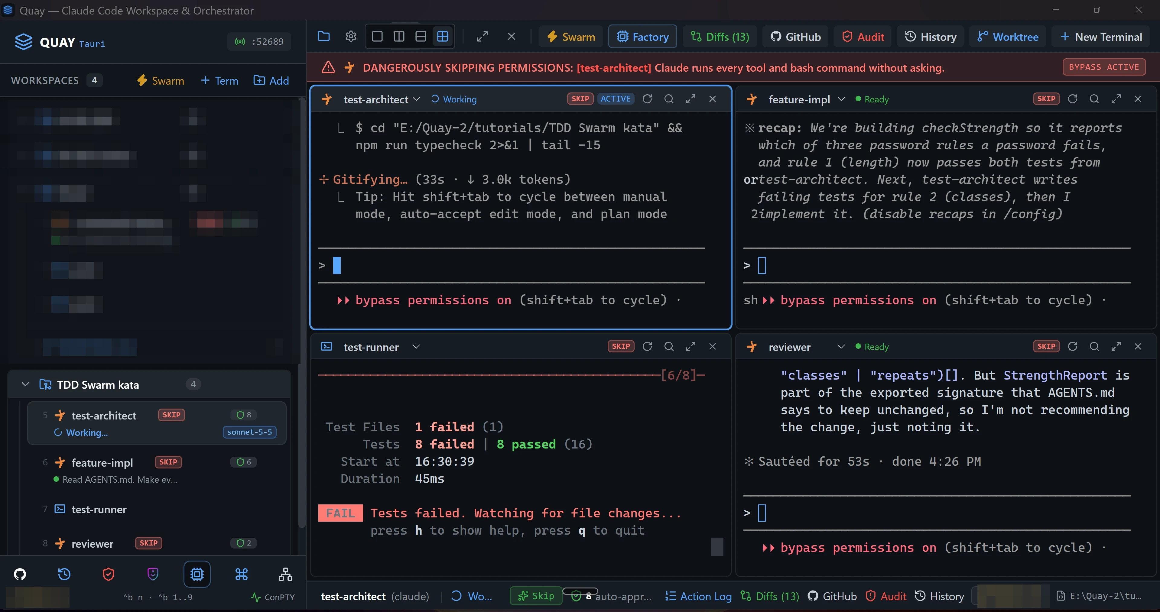 test-runner shows a mix: the rule 1 tests still pass and the new tests fail.