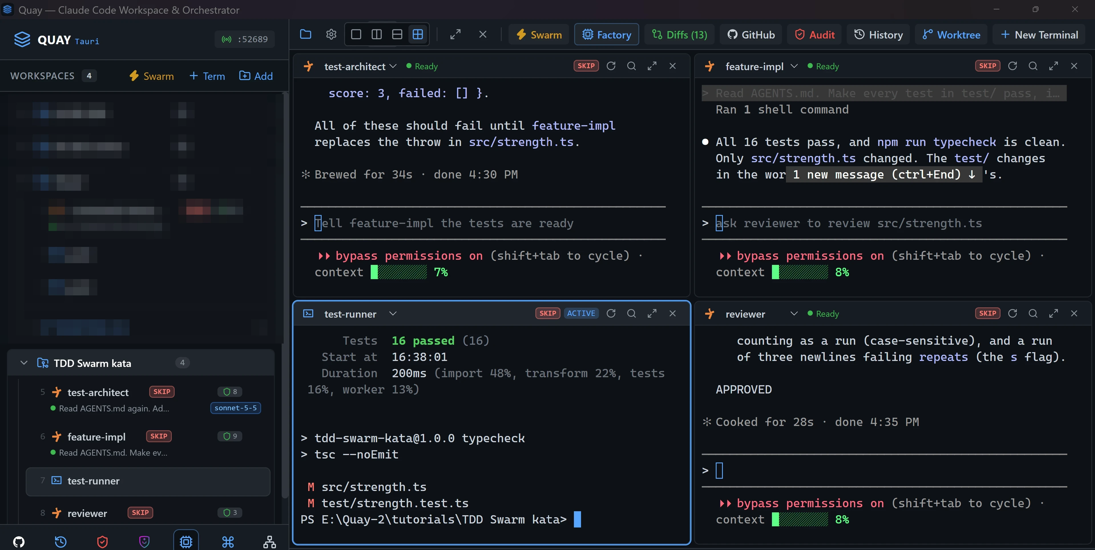 test-runner: npm test passes every test, the type check prints no errors, and git status lists src/strength.ts and test/strength.test.ts as the two modified files.